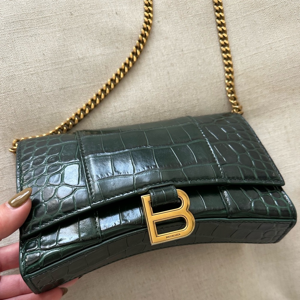 Balenciaga Green Croc-Embossed Bag with Gold Chain